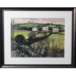 JOHN ELWYN, (Welsh, 1916-1997), Welsh landscape with farm buildings, signed with initials,