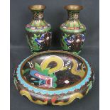 PAIR OF JAPANESE CLOISSONE ENAMEL DRAGON VASES, together with large similar circular dragon bowl,