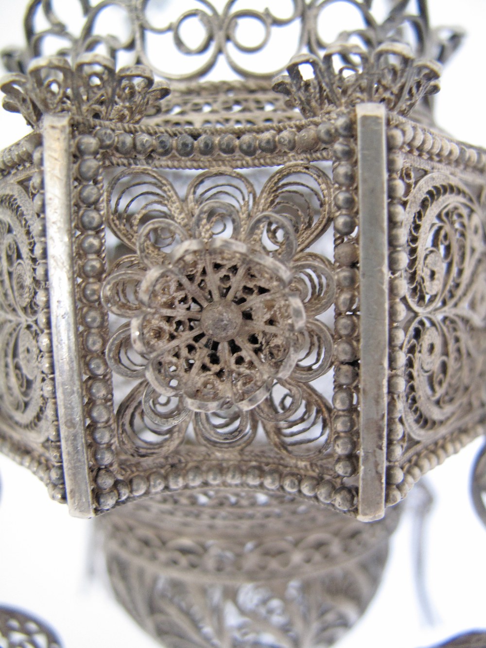 An Orthodox silver votive hanging lamp with filigree decoration. C18th / 19th century. H60cm, - Image 6 of 9