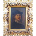 Dutch school after Rembrant, portrait of a young man, c19th century. 13X19cm, framed 28X34cm.