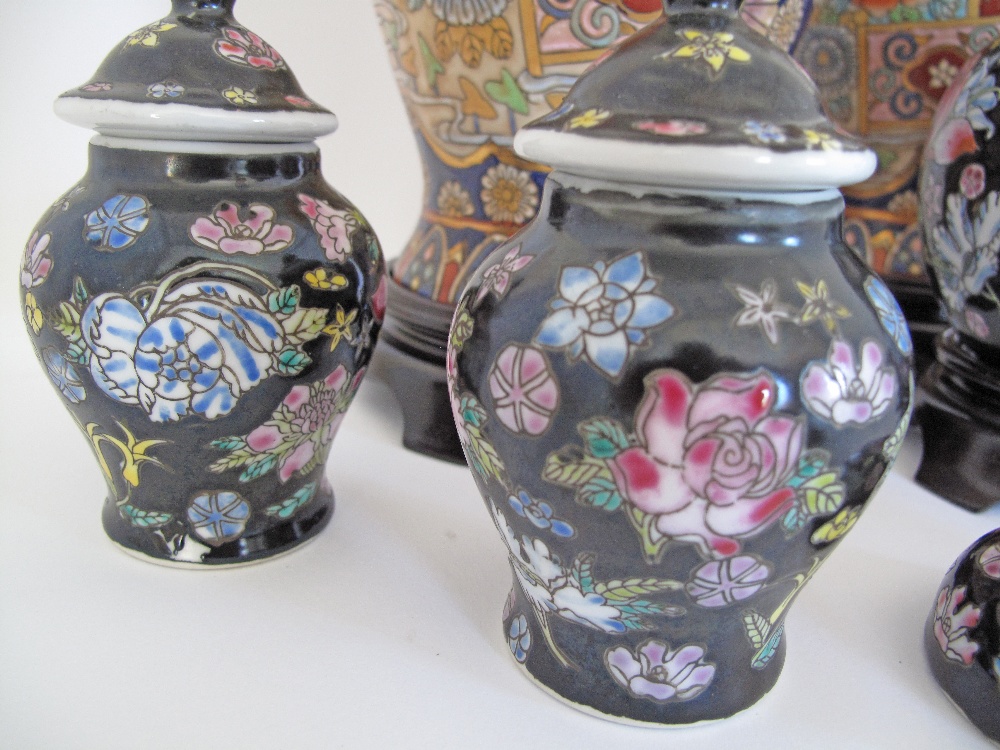 A collection of two Chinese porcelain vases on wood stands H31cm, three jars with covers and a - Image 3 of 6