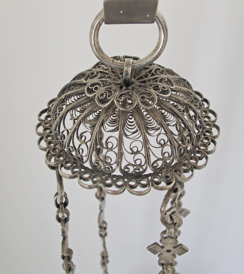 An Orthodox silver votive hanging lamp with filigree decoration. C18th / 19th century. H60cm, - Image 9 of 9