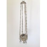 An Orthodox silver votive hanging lamp with filigree decoration. C18th / 19th century. H60cm,