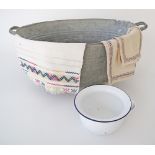 A collection of vintage wash basin W75cm, enamel night pot W20cm and embroideries. (6)
