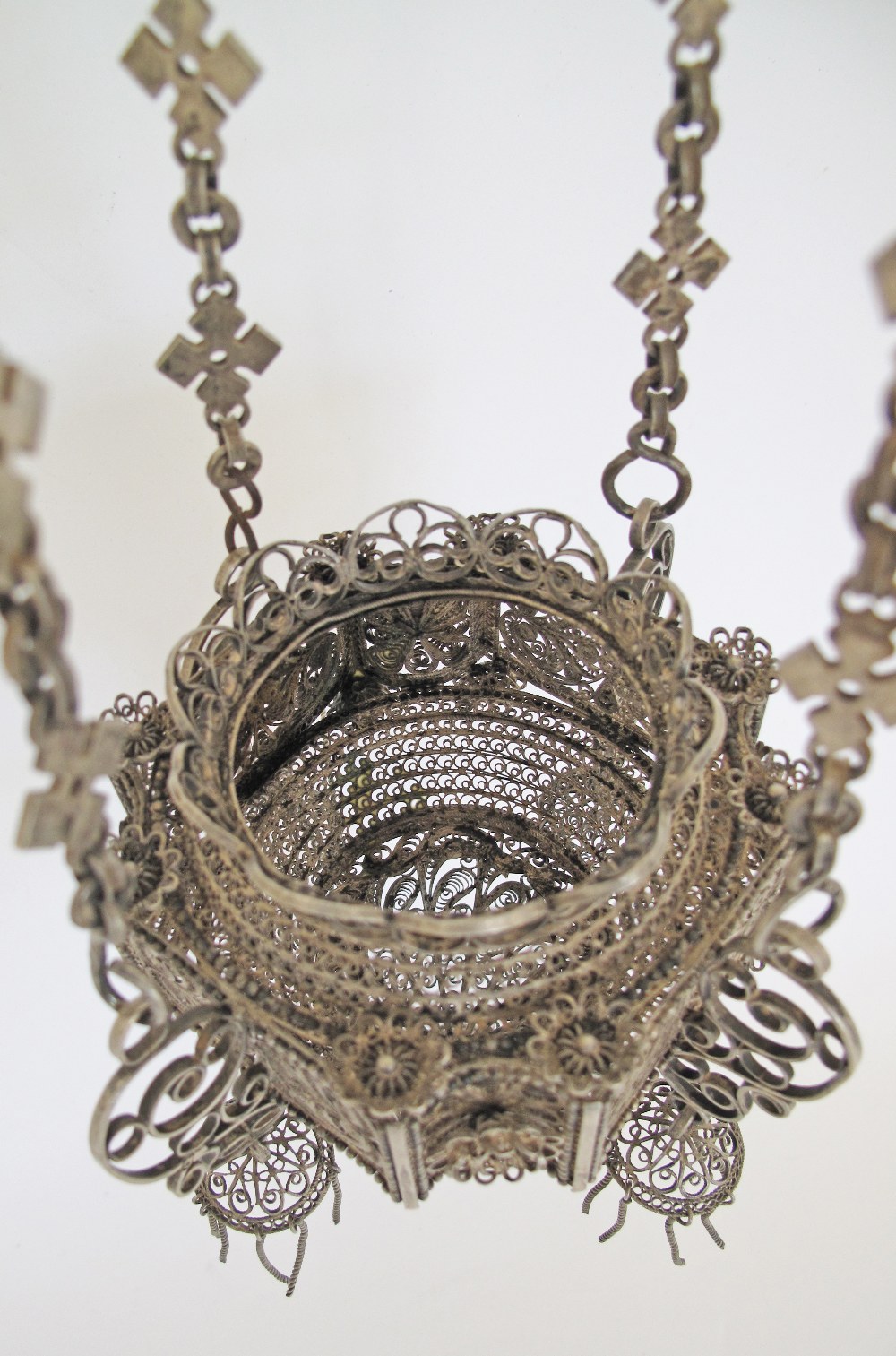 An Orthodox silver votive hanging lamp with filigree decoration. C18th / 19th century. H60cm, - Image 8 of 9