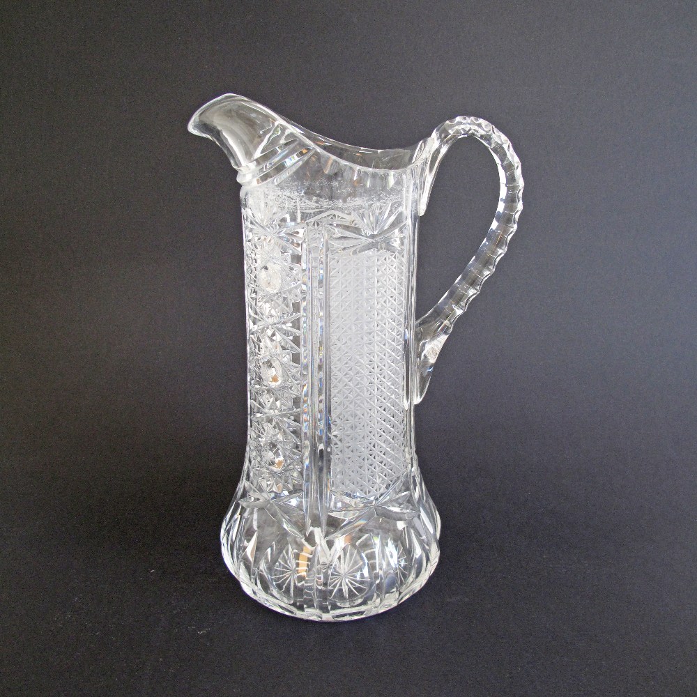 A finely cut square glass decanter with stopper H22cm and a finely cut crystal pitcher H29cm - Image 2 of 3