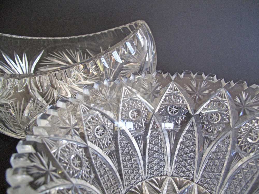 Two Bohemian finely cut crystal center pieces. A boat shaped vase W28cm, and a round trumpet - Image 3 of 4