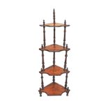 A four tier corner etagere with marquetry serpentine shelves and turned columns . 58X34cm, H152cm.