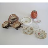 A collection of porcelain and glass objects comprising a pair of Rosenthal dishes, a handpainted red