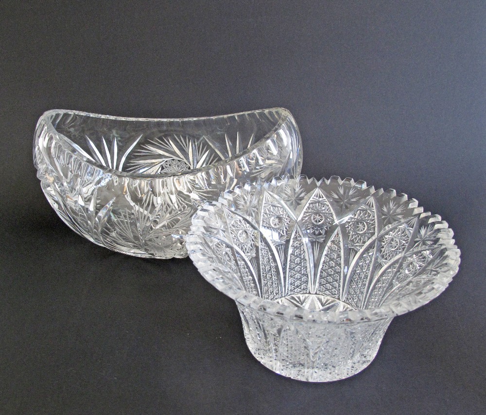 Two Bohemian finely cut crystal center pieces. A boat shaped vase W28cm, and a round trumpet - Image 2 of 4