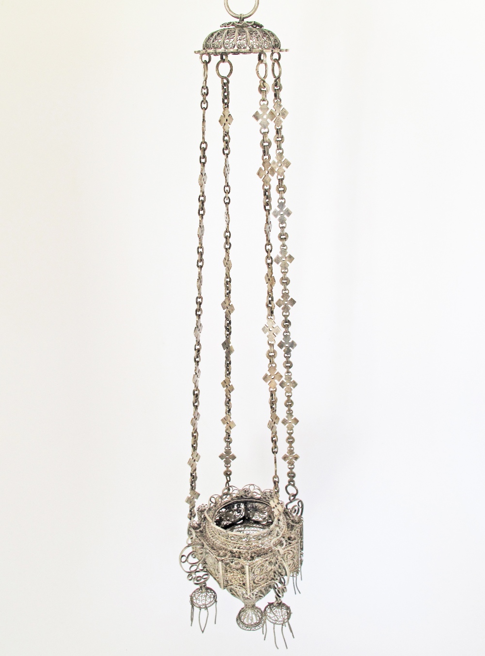 An Orthodox silver votive hanging lamp with filigree decoration. C18th / 19th century. H60cm, - Image 2 of 9