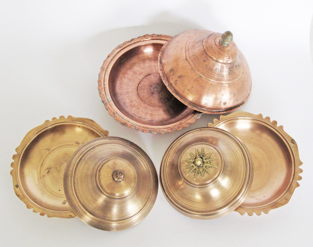 A collection of Turkish copper & brass dishes & covers, the largest W25cm. (6) - Image 3 of 5