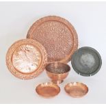 A collection of copper trays & dishes, the largest tray W35cm. (6)