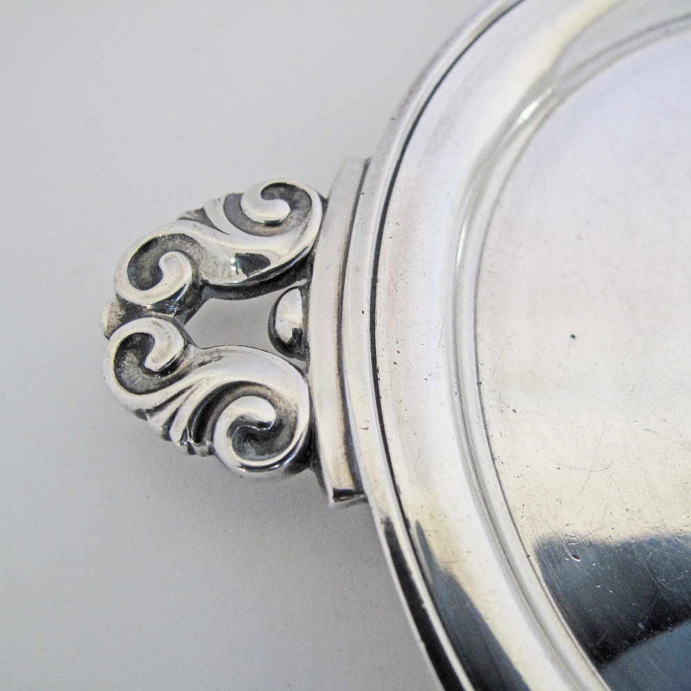 A Danish Georg Jensen Hallmarked sterling silver dish with handles, an engraved crown and an - Image 2 of 6