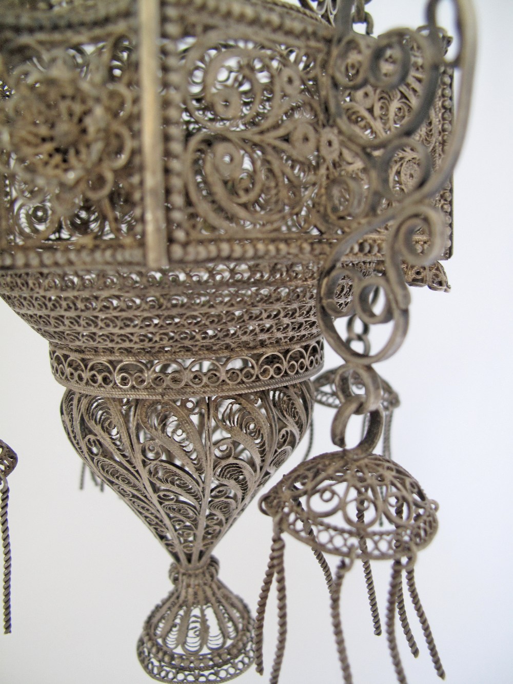 An Orthodox silver votive hanging lamp with filigree decoration. C18th / 19th century. H60cm, - Image 5 of 9