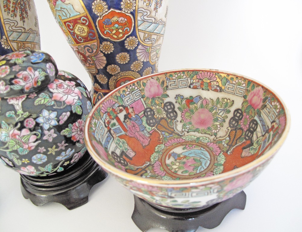 A collection of two Chinese porcelain vases on wood stands H31cm, three jars with covers and a - Image 2 of 6