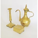 A brass Turkish coffee ewer H35cm, a box with cover (damaged) and a candlestick H29cm. (3)