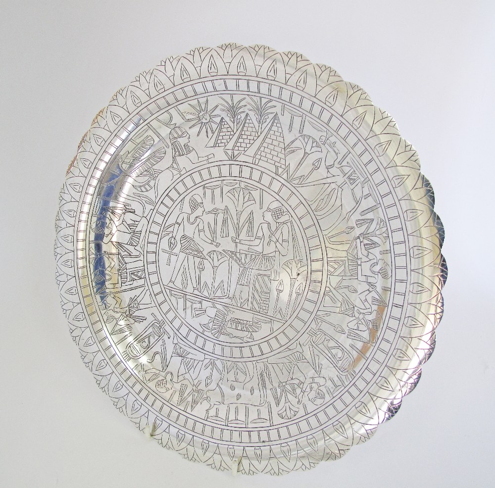 An Egyptian hallmarked silver salver W32cm, weight: 708g, together with a silver cake server and two - Image 2 of 4