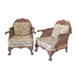 A French style Egyptian made, vintage pair of carved walnut and caned 1950s armchairs, loose