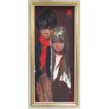 Vintage Margaret Keanes style 'Big Eyes' painting of a boy and a girl from the 60s. 71X29cm.