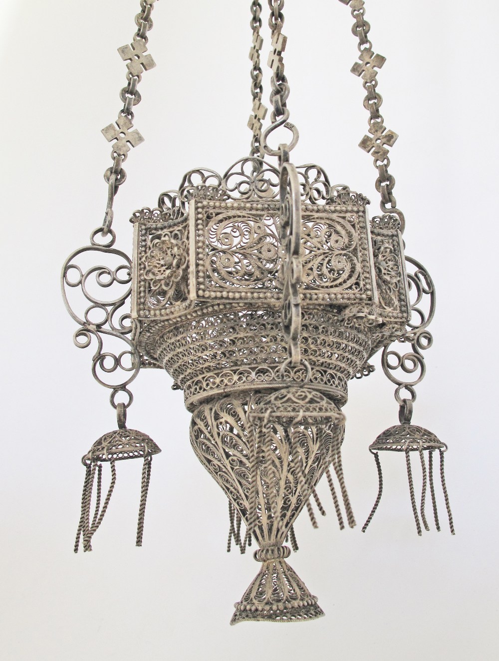 An Orthodox silver votive hanging lamp with filigree decoration. C18th / 19th century. H60cm, - Image 3 of 9