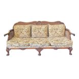 A French style Egyptian made, vintage carved walnut and caned 1950s three seater couch, loose