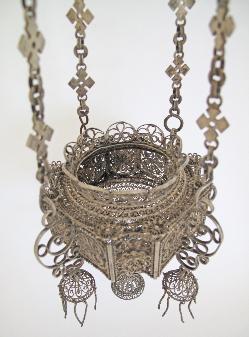 An Orthodox silver votive hanging lamp with filigree decoration. C18th / 19th century. H60cm, - Image 7 of 9