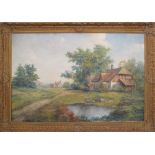 A rural landscape of a cottage in a giltwood frame. Oil on canvas, early / mid 20th century. Signed.