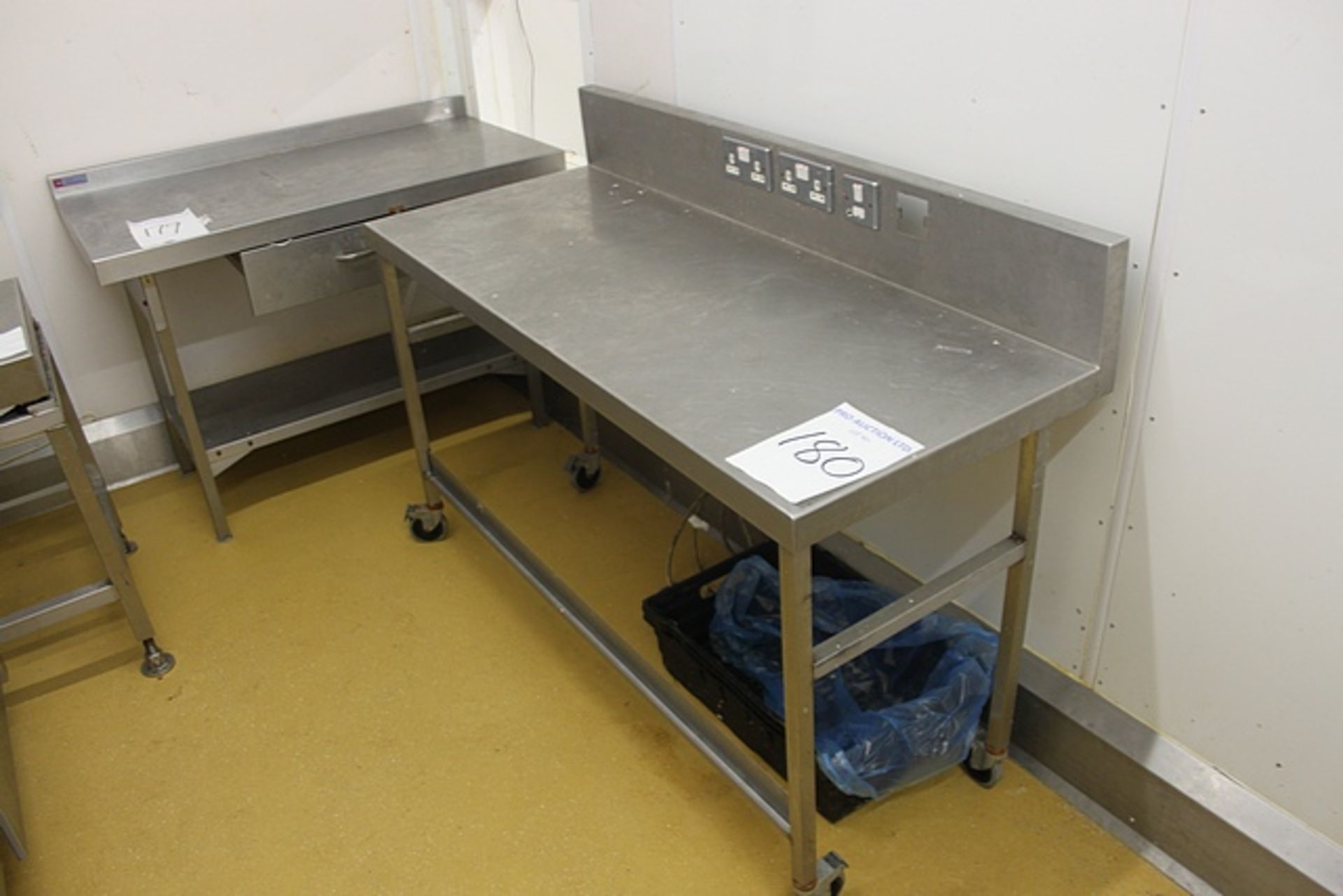 Stainless steel mobile preparation table the upstand fitted with 240v power plug points 1500mm x