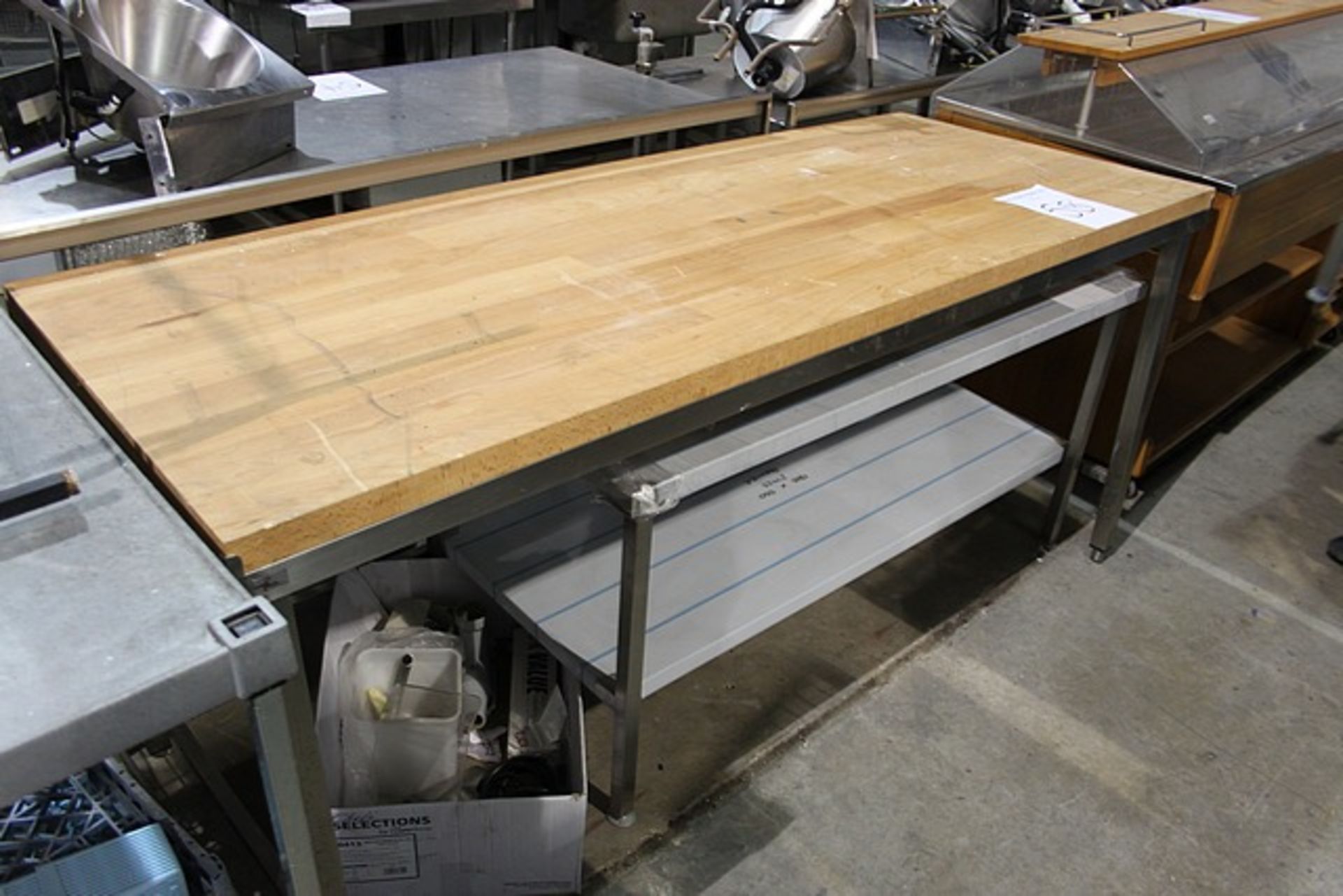 Wooden top stainless steel framed butchers table 2000mm x 800mm