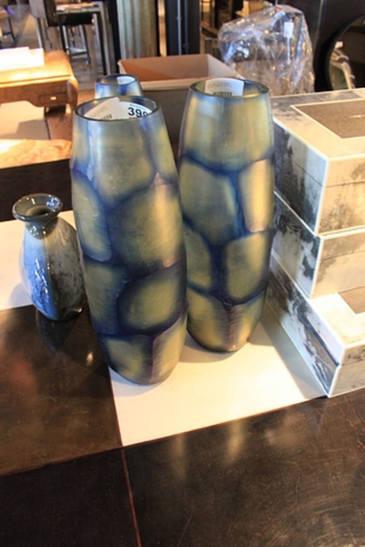 Glass Vase stone cut hand crafted vase in blue and cream 46x16cm Cravt SKU 320338 - Image 2 of 2