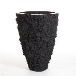 Vase black lava stone and stainless steel top rim buoy, extra large. Rustic and abundant in