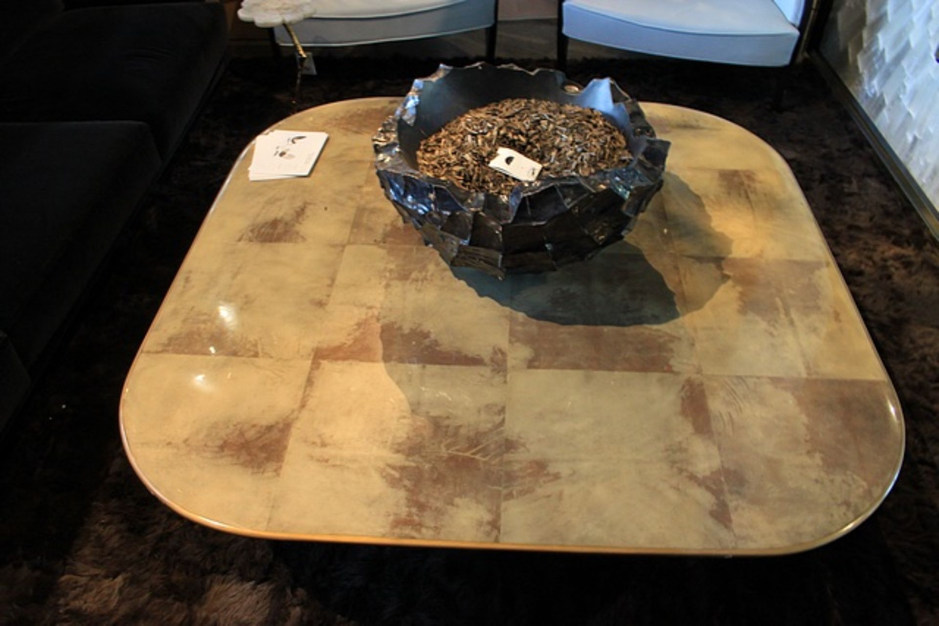 Coffee Table Cross exquisite wood top console, finished with a natural brown parchment on antiqued - Image 3 of 4