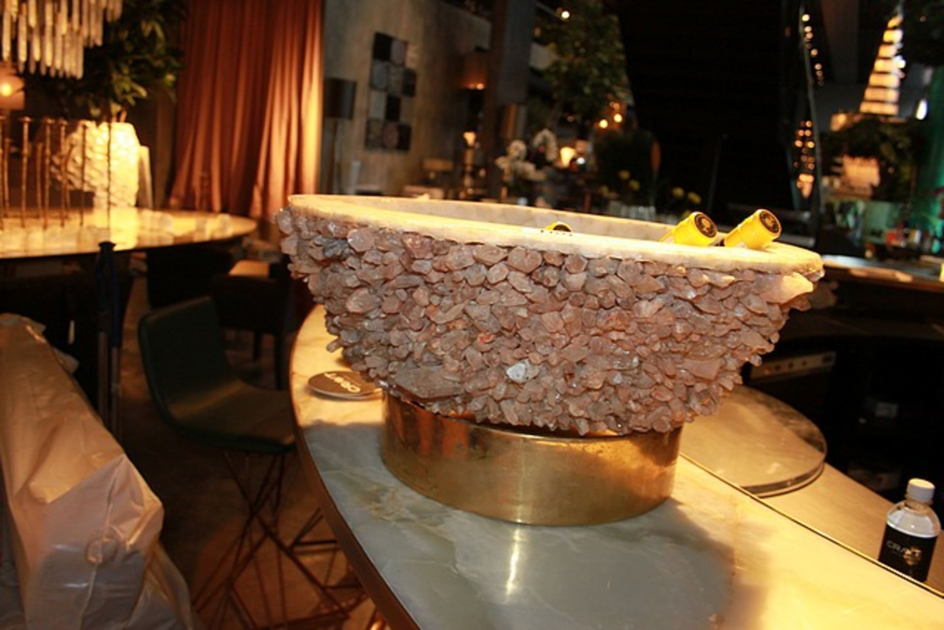 Champagne Cooler a precious stone rock bowl top the inside polished rock crystal outside features