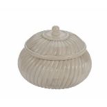 Jar Perky shows off curvaceous shaping and a domed lid with carved knob handle. The rounded bone pot