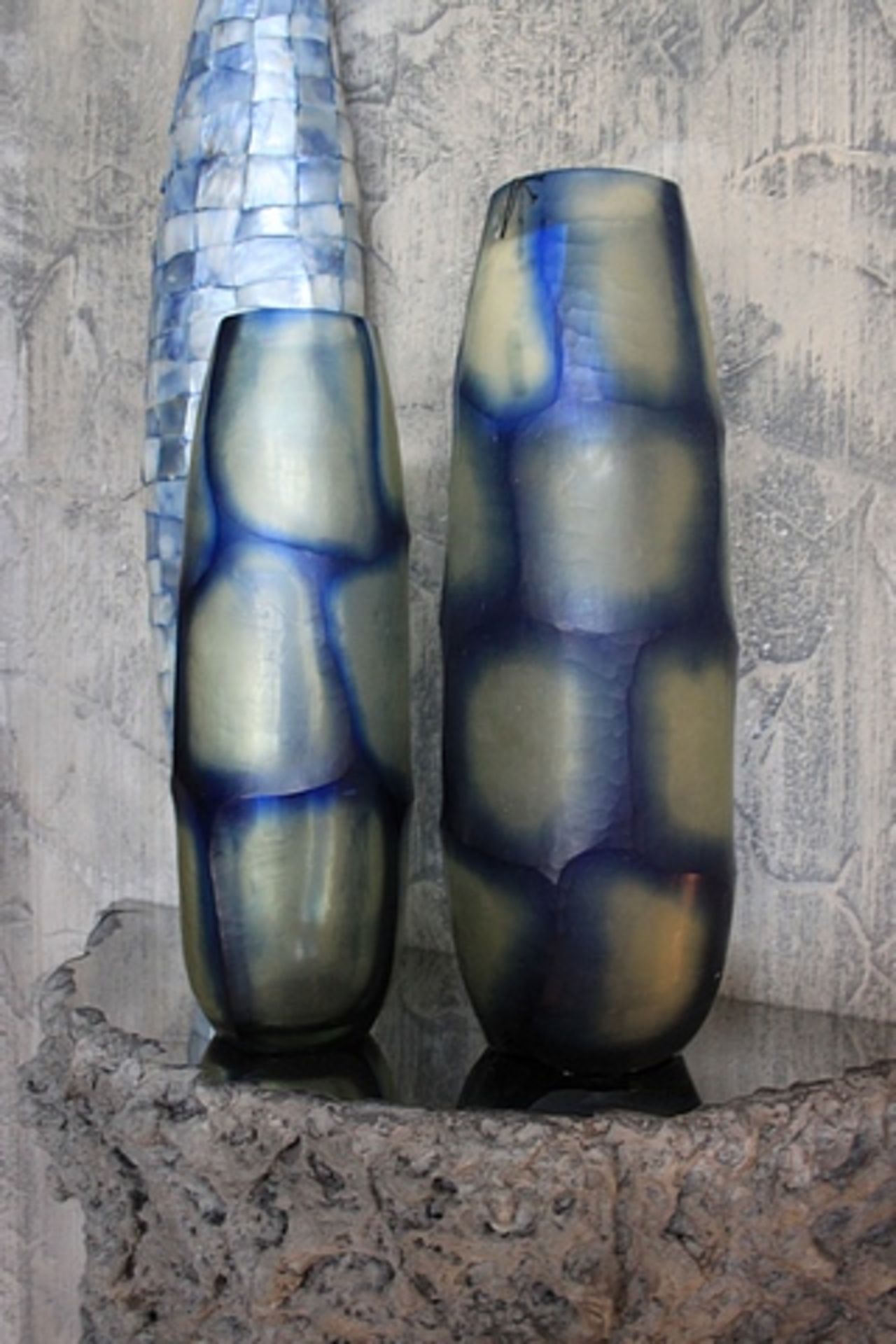 Glass vase blue cream small blue and cream with stone cut 40x14.5cm Cravt SKU 320339