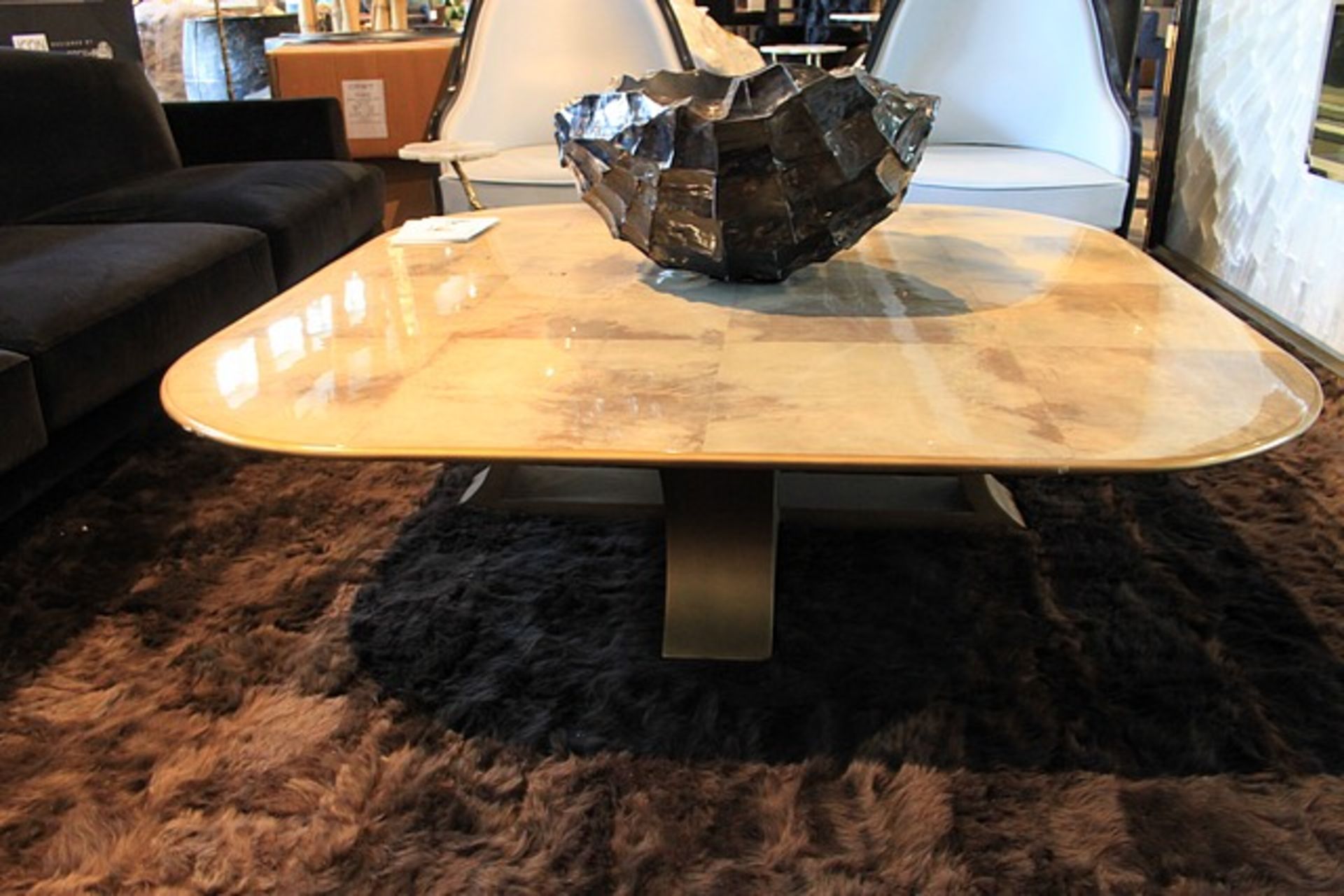 Coffee Table Cross exquisite wood top console, finished with a natural brown parchment on antiqued - Image 2 of 4