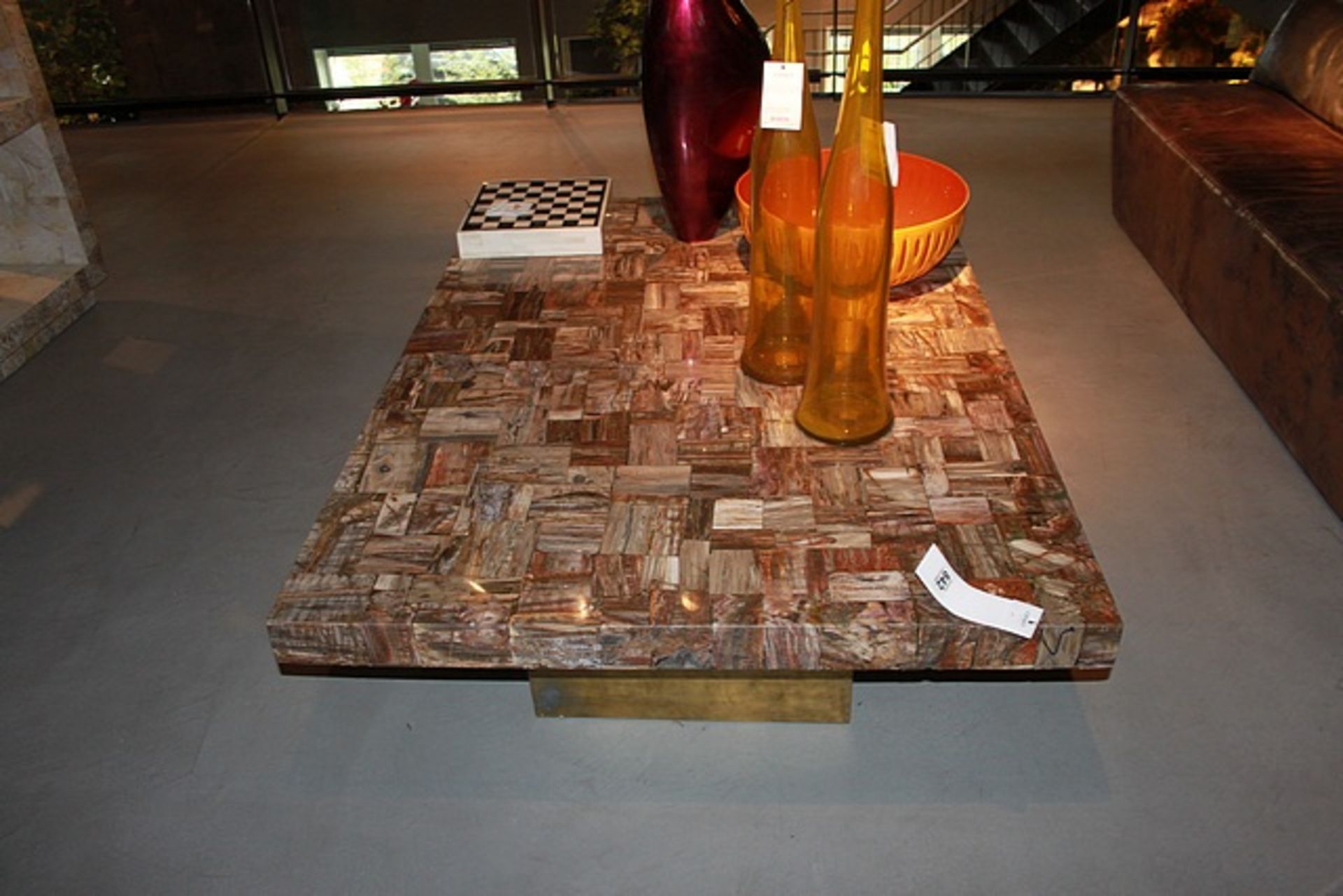 Coffee Table contemporary style, large rectangular low level petrified wood table with textured matt