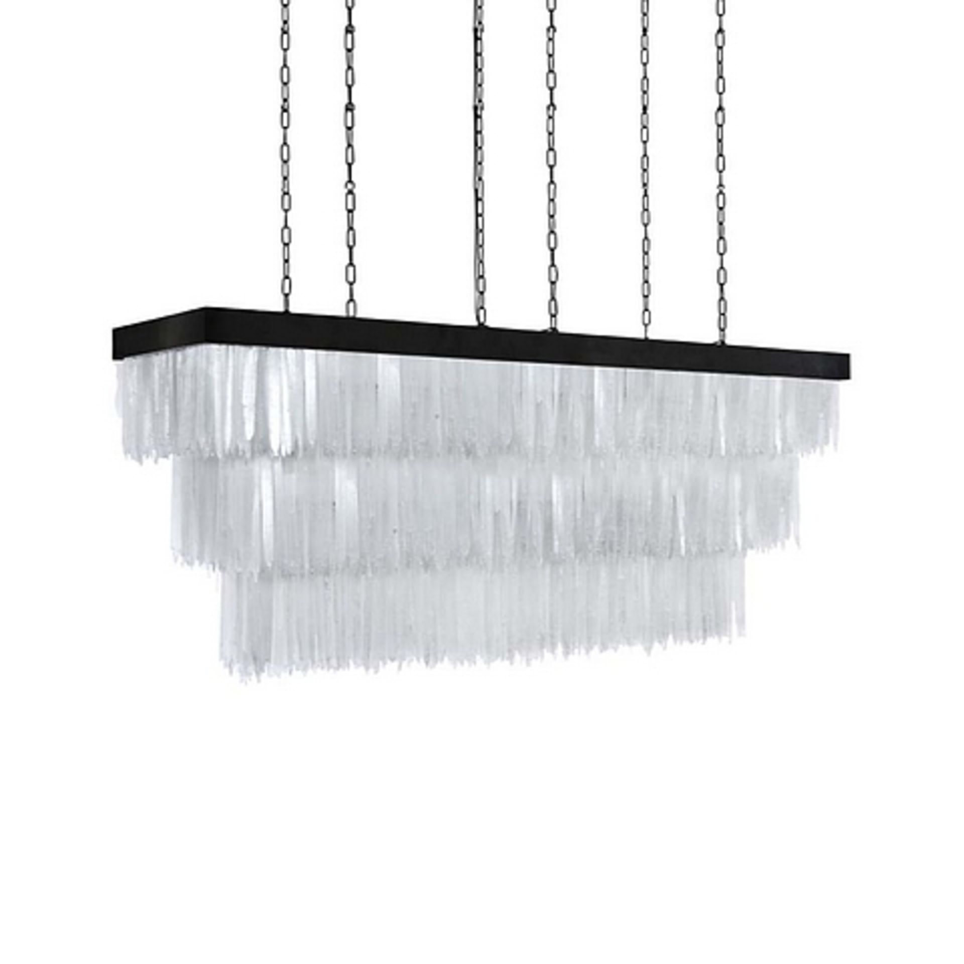 A Hanging Selenite Chandelier Lamp, rectangular in shape and in a black powder coating Finish with