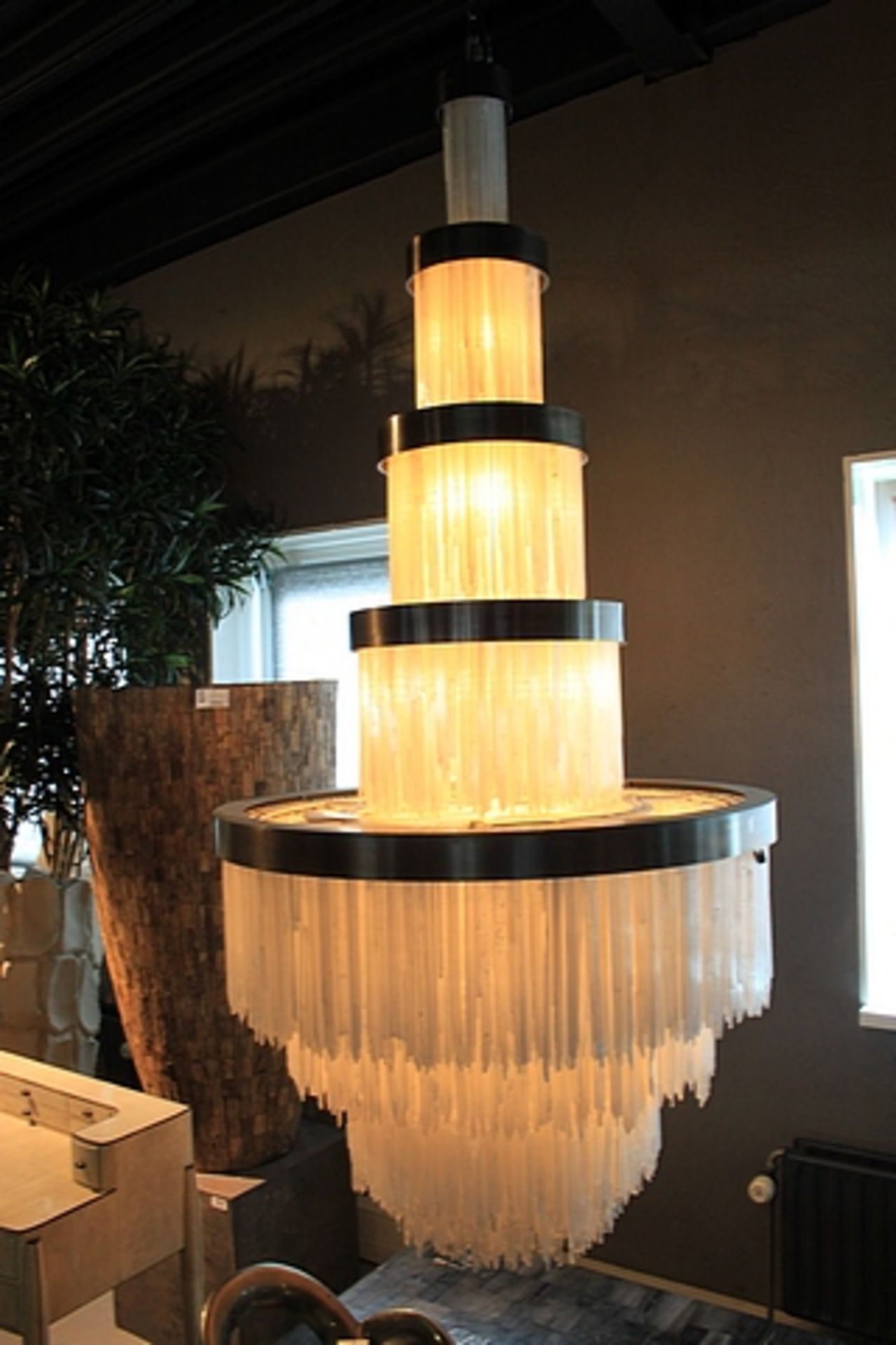 Hanging Lamp show-stopping tiered effect Selenite chandelier style illuminator, embellished with