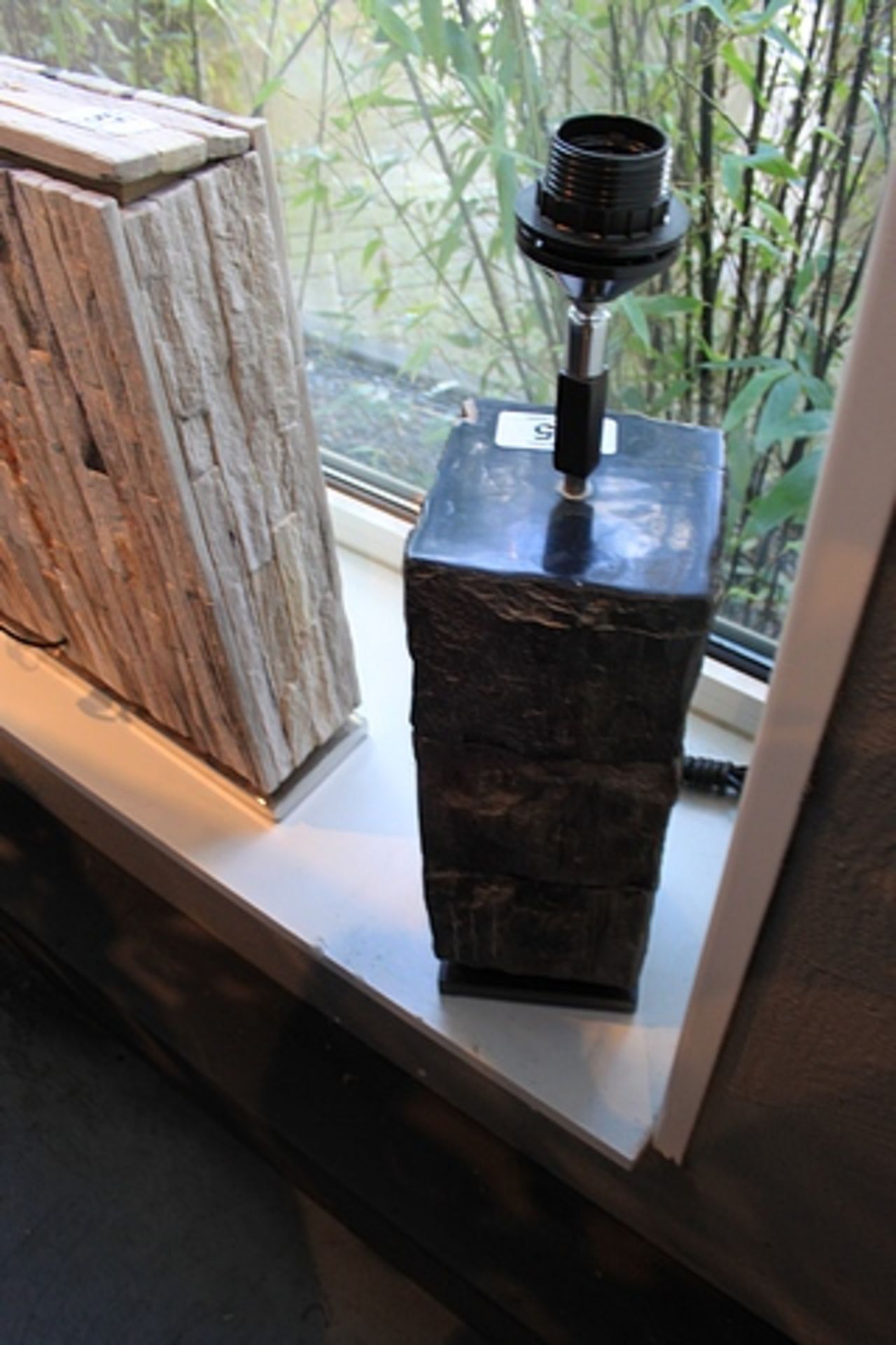 Table Lamp Flores Black Foot in Rustic Block Black Petrified Wood On Antique Black Powder Coated