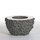 Bowl grey lava stone and stainless steel top rim map lava grey. Rustic and abundant in character,