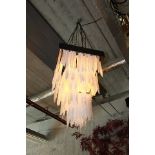 Hanging Lamp Selenite Chandelier Square design in Darkened Metal Finish with Selenite Sticks. This