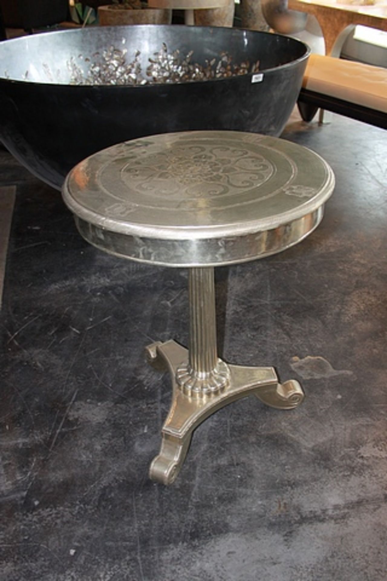 Side Table Bombay white metal polished sheet cladded table in antique silver with intricate carved