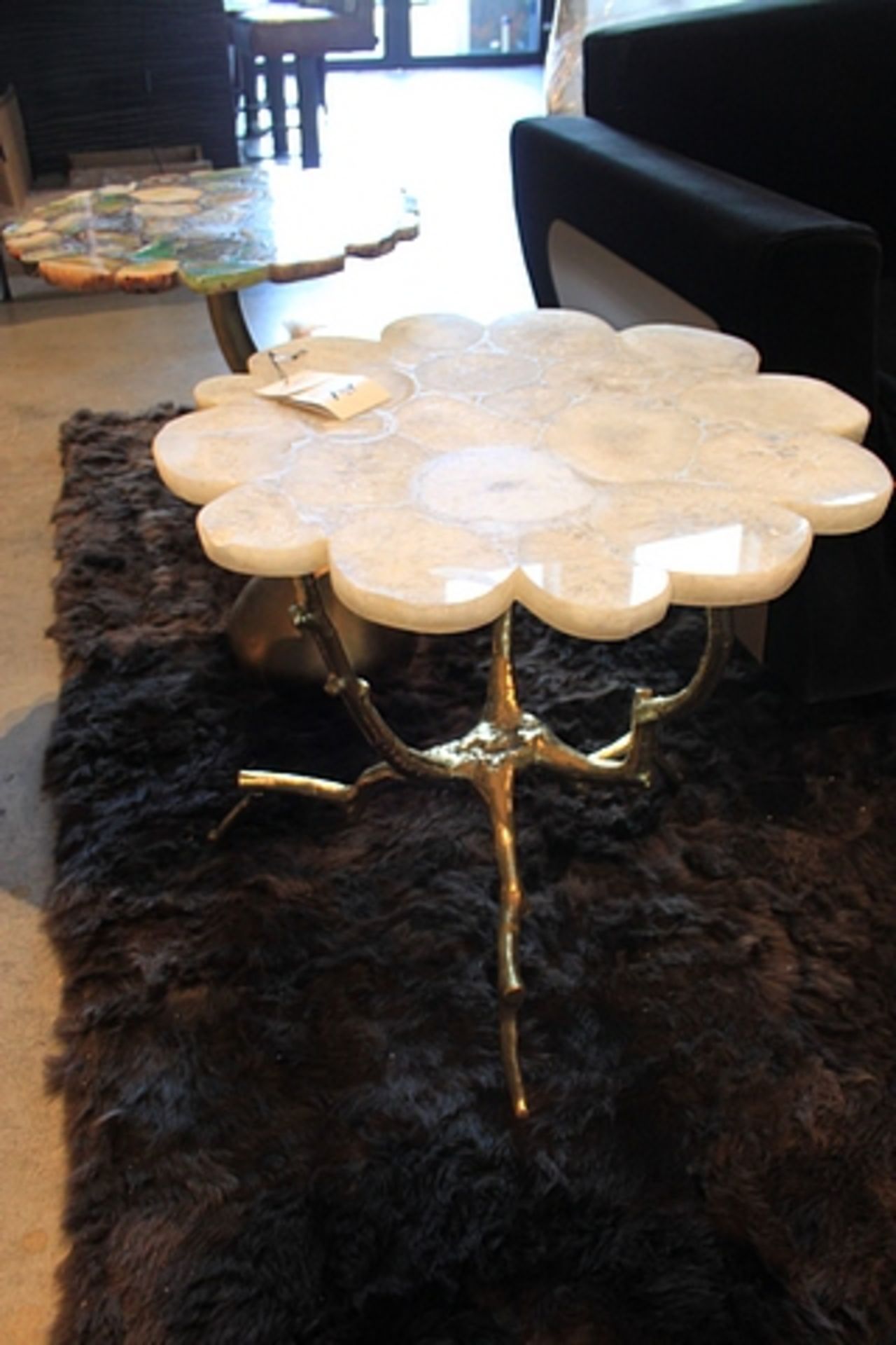 Side Table Fused side table with polished white Agate crystal top, a solid antique monopodial tripod