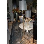 Floor Lamp Amatist  a large pinched shiny brass table lamp featuring an amethyst crystal ball sphere