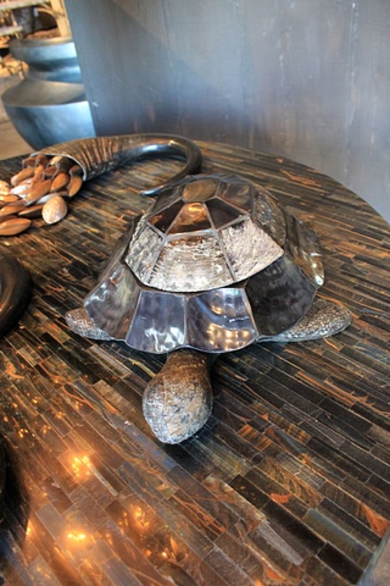 Box Turtle, shaped lidded box designed in back tab and brown lip shell which exudes in a heavenly