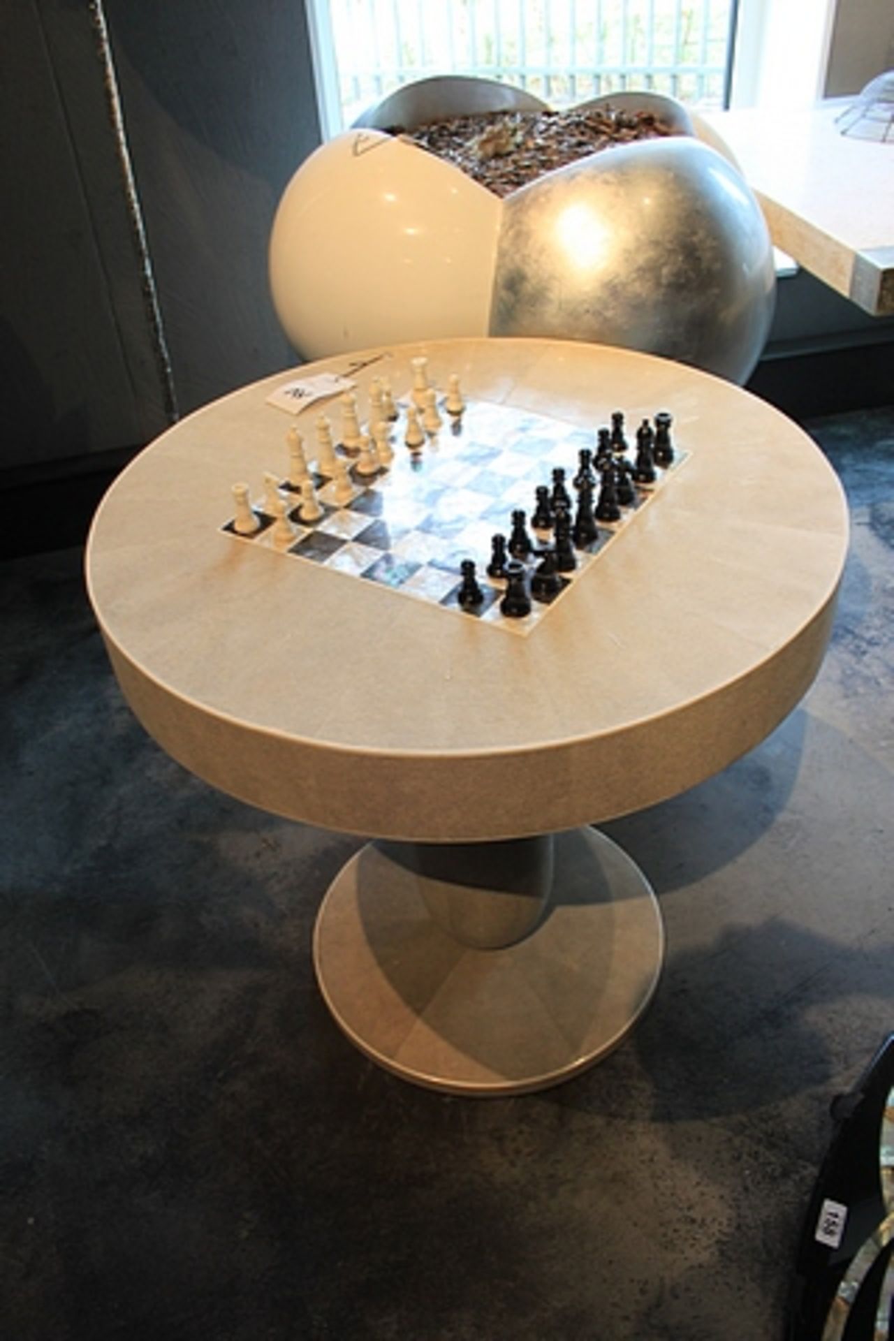 Chess Table Kasparov a glamorous chess table with handy storage drawer, covered in antique