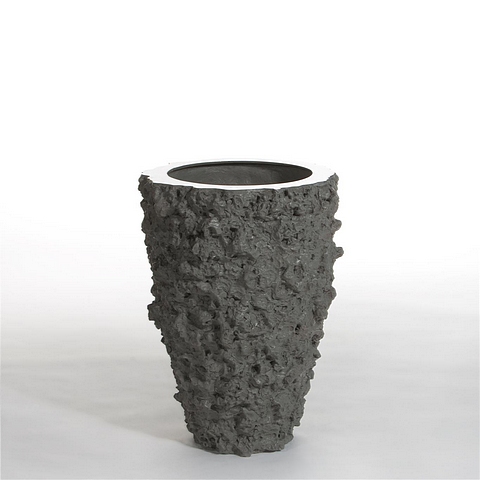 Vase grey lava stone and stainless steel top rim buoy lava grey medium. Rustic and abundant in