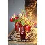 Glass vase honeycomb red and cream. A delightful and distinctive honeycomb pattern that makes this